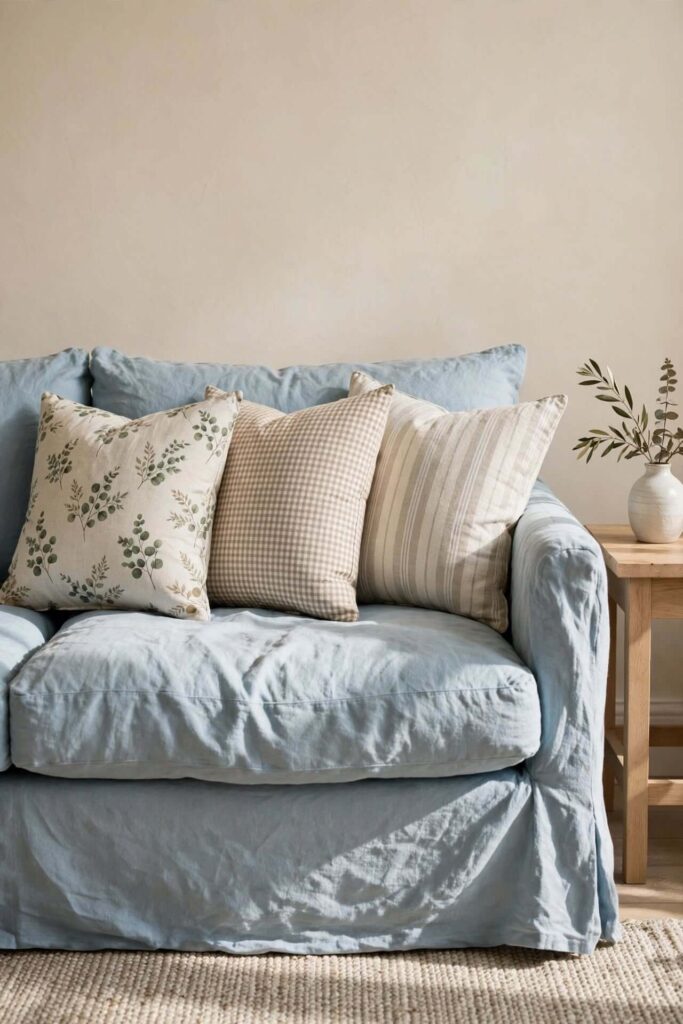 Choose a Light Blue Sofa With Dark Wood