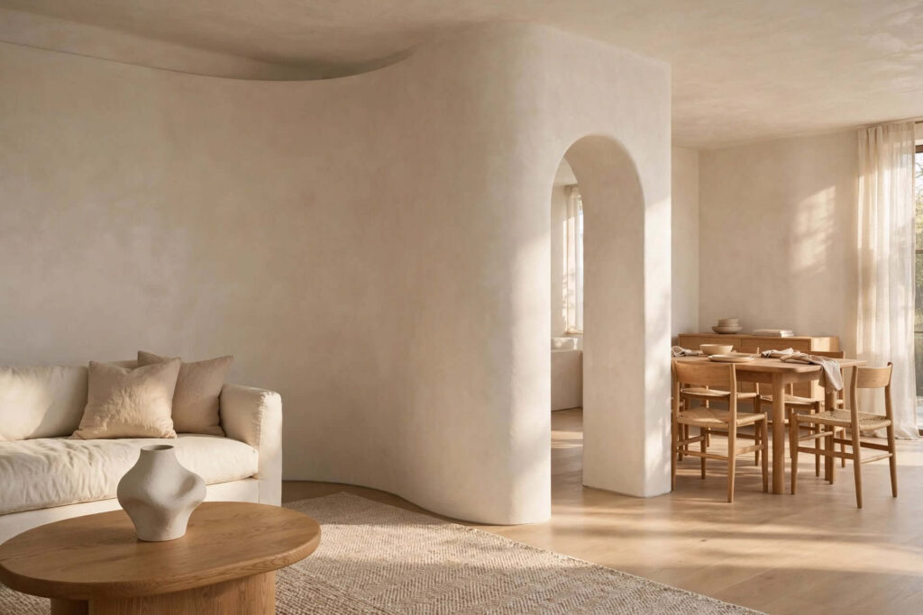 IMAGE PROMPT: Photorealistic cozy apartment living room divided by full-height ceiling-mounted soft oatmeal linen curtains, curtains partially open to reveal a compact seating area behind them, cream sofa, light wood coffee table, woven rug, simple floor lamp, pale walls and natural textures, soft diffused daylight through nearby window, realistic linen folds, natural fabric texture, corner perspective, airy composition with breathing room, authentic lived-in apartment details, crisp focus, high resolution, editorial interior photography, no people, no text, no logos, no watermark.