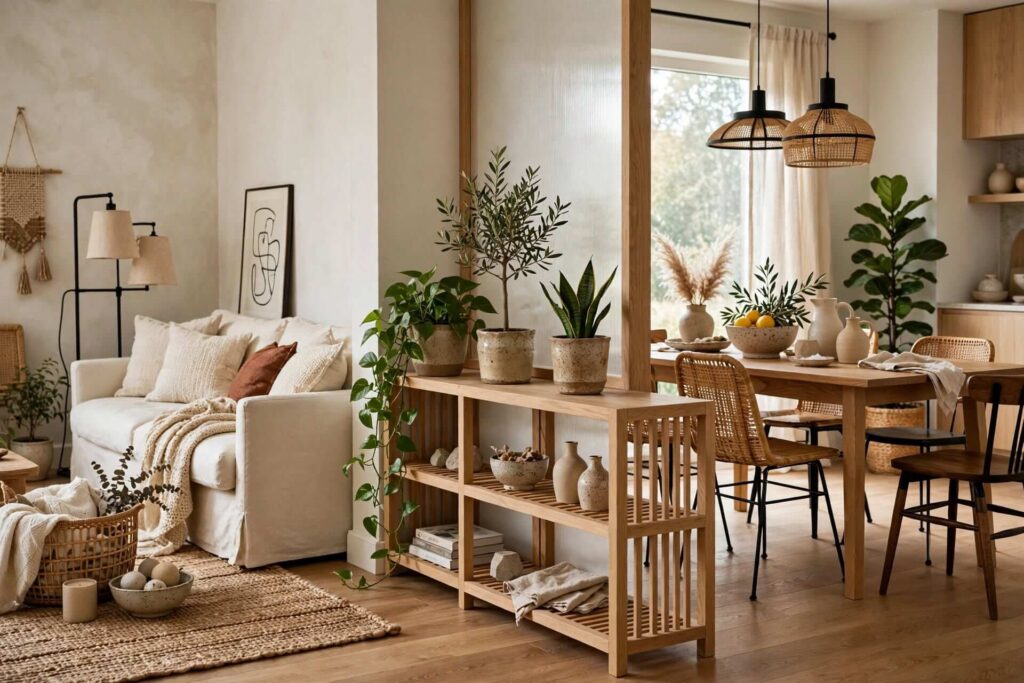 Layered Divider With Shelves and Plants