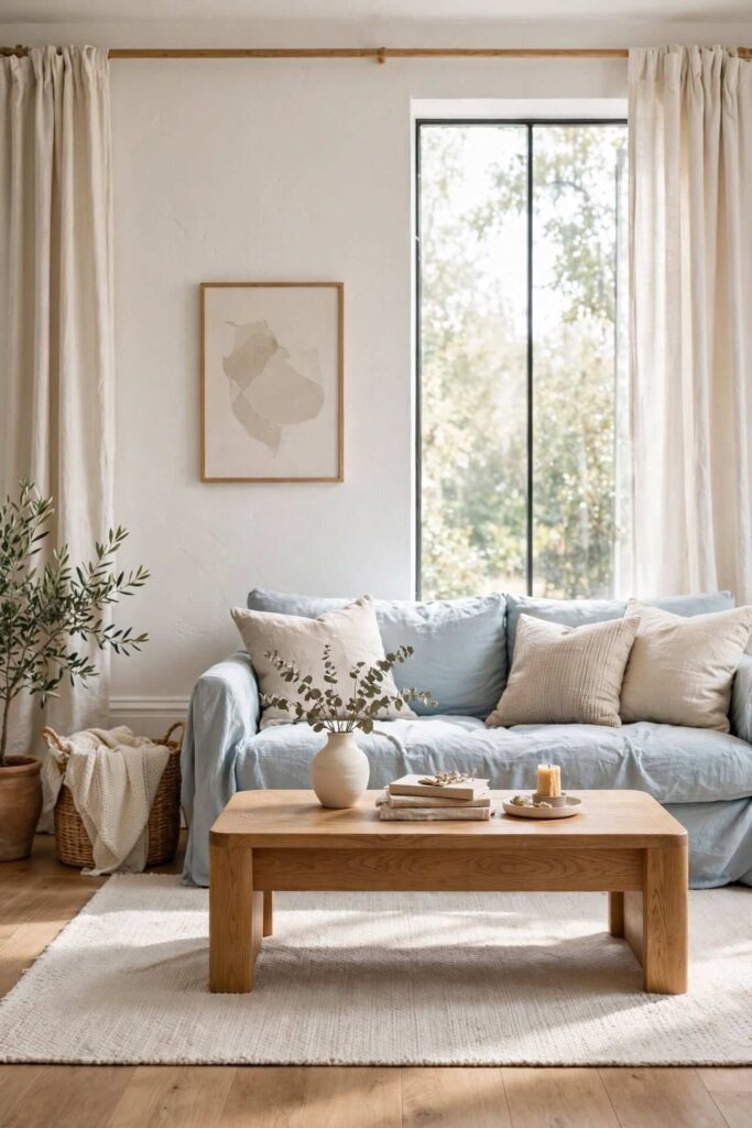 Pair a Light Blue Sofa With Warm White Walls